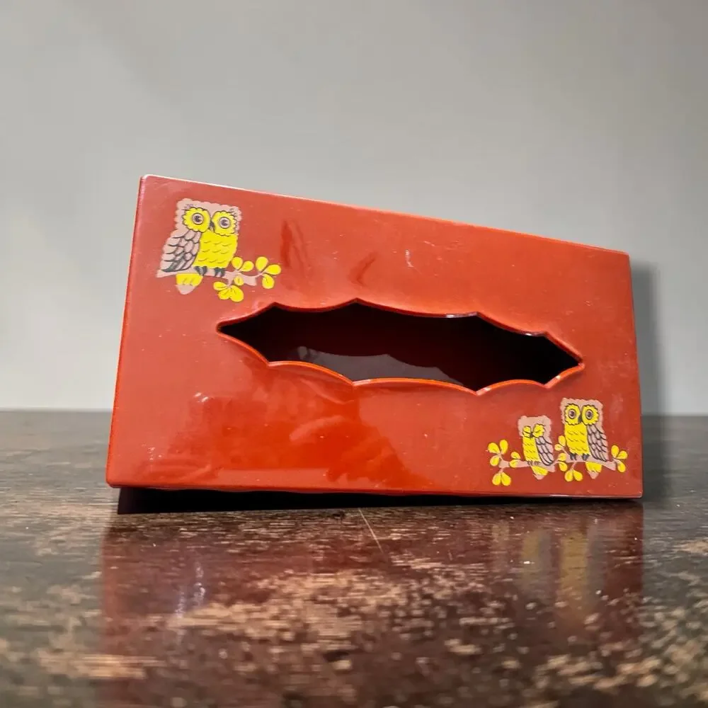 Vintage 1970s Wolff Products Owl Tissue Box Cover Burnt Orange Plastic Hinged